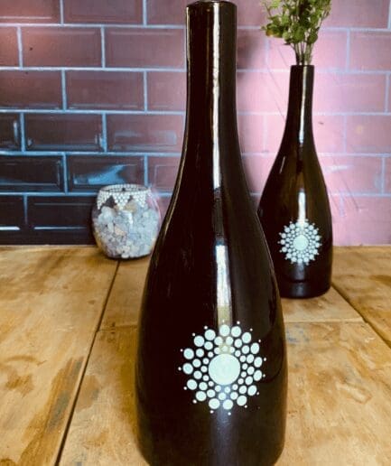 Tear drop olive green flower vase with sea green circle print