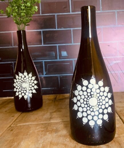 Tear drop olive green flower vase with single white circle