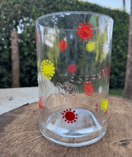 Wide Clear Glass vase set with red yellow orange detail