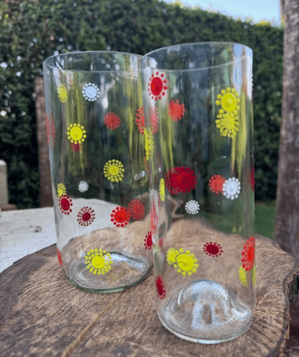 Clear Glass vase set with red yellow orange detail